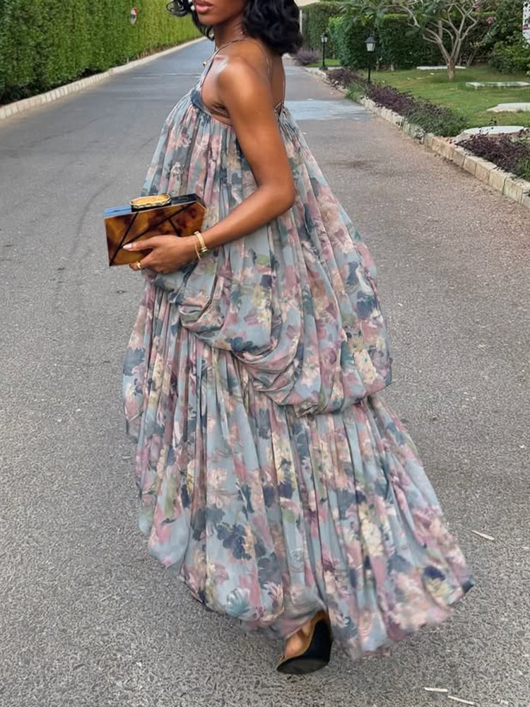 Women Neck Hanging Printed Patchwork Irregular Casual Dress