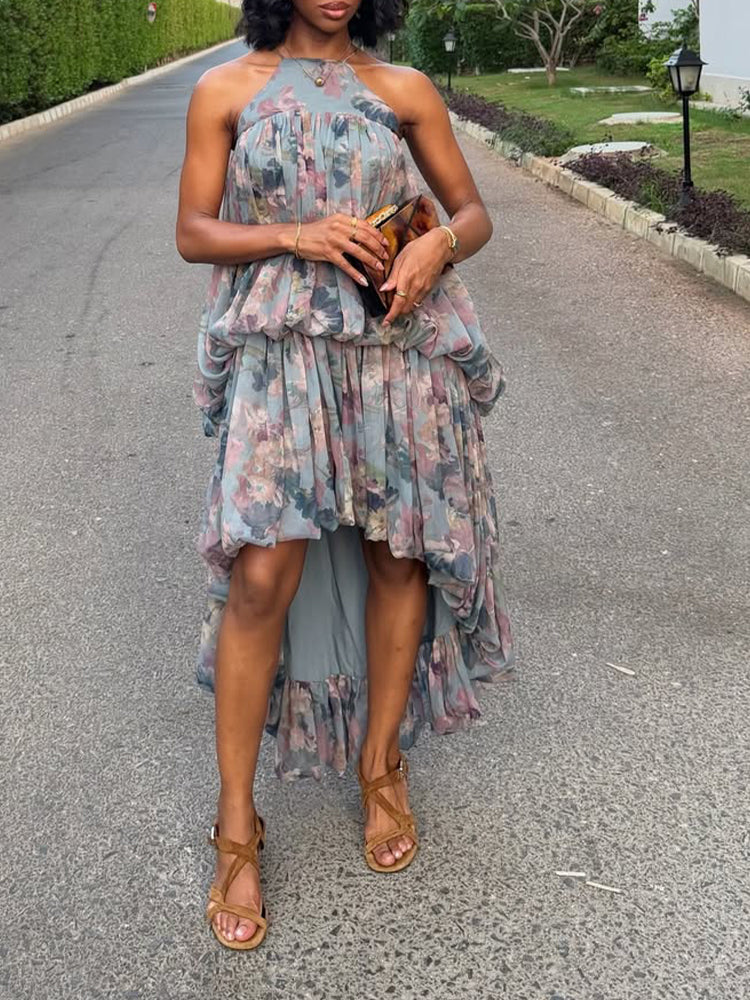 Women Neck Hanging Printed Patchwork Irregular Casual Dress
