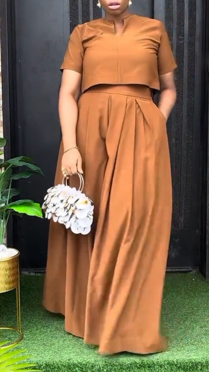 Women Round Neck Top+ Pants Solid Color Temperament Casual Suit