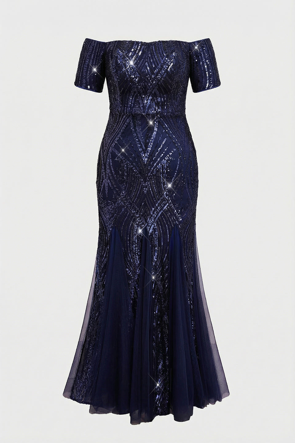 Curveins Plus Size Off-Shoulder Sequin Bodycon Maxi Dress with Pleated Hem