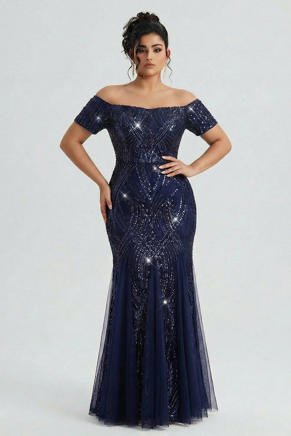 Curveins Plus Size Off-Shoulder Sequin Bodycon Maxi Dress with Pleated Hem
