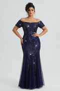 Curveins Plus Size Off-Shoulder Sequin Bodycon Maxi Dress with Pleated Hem
