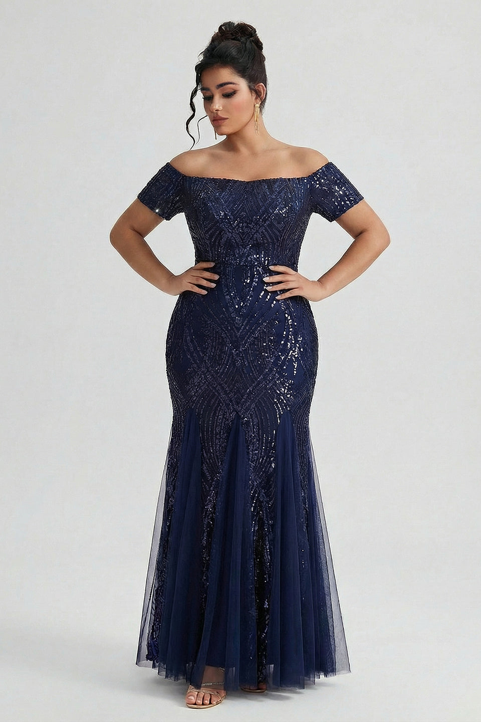 Curveins Plus Size Off-Shoulder Sequin Bodycon Maxi Dress with Pleated Hem