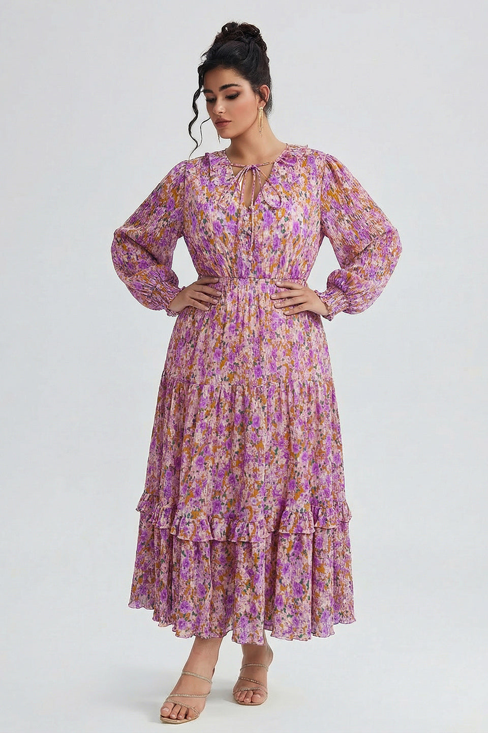 Curveins Plus Size V-Neck Floral Waist-Cinching Maxi Dress with Lantern Sleeves