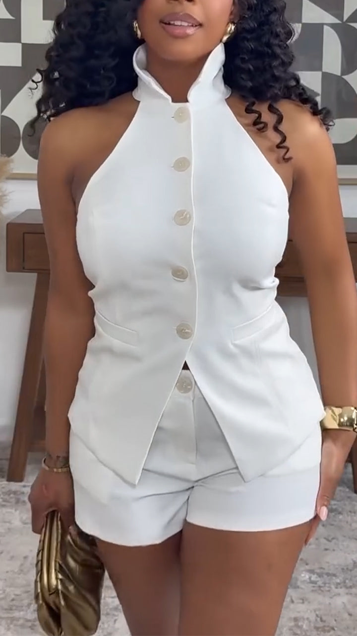 Women Lapel Breasted Top + Shorts Casual Suit