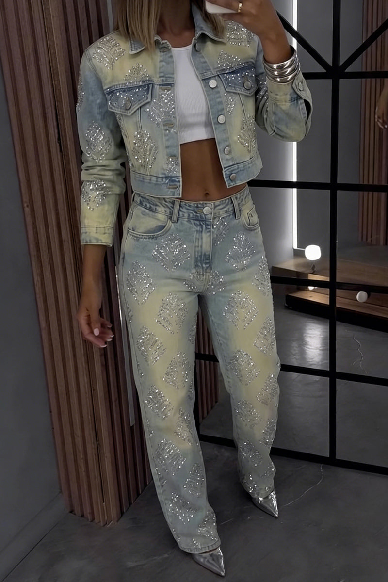 Ladies' Casual Rhinestone Denim Jacket And Straight Leg Jeans