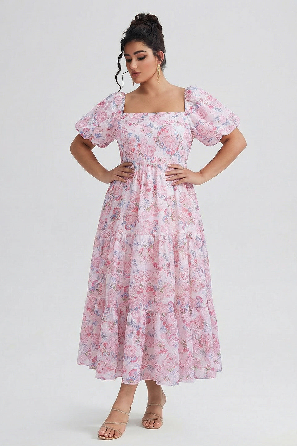 Curveins Plus Size Lantern Sleeves Square Neckline Floral Maxi Dress