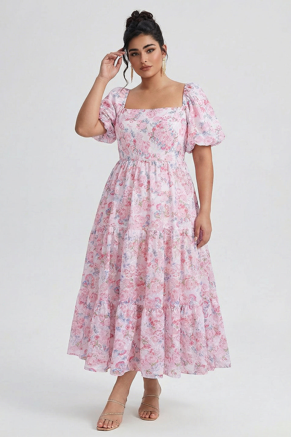 Curveins Plus Size Lantern Sleeves Square Neckline Floral Maxi Dress