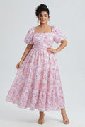 Curveins Plus Size Lantern Sleeves Square Neckline Floral Maxi Dress