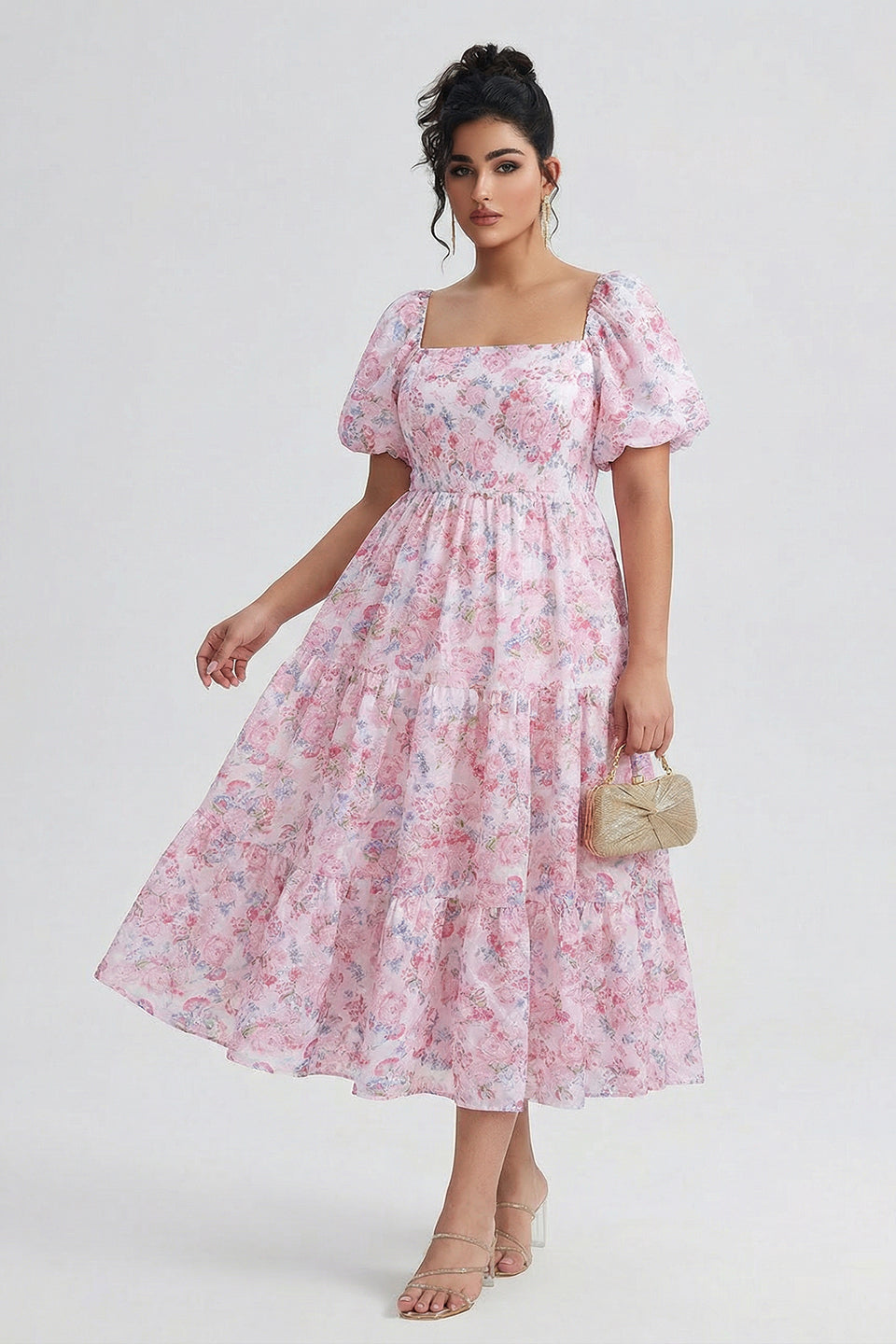 Curveins Plus Size Lantern Sleeves Square Neckline Floral Maxi Dress