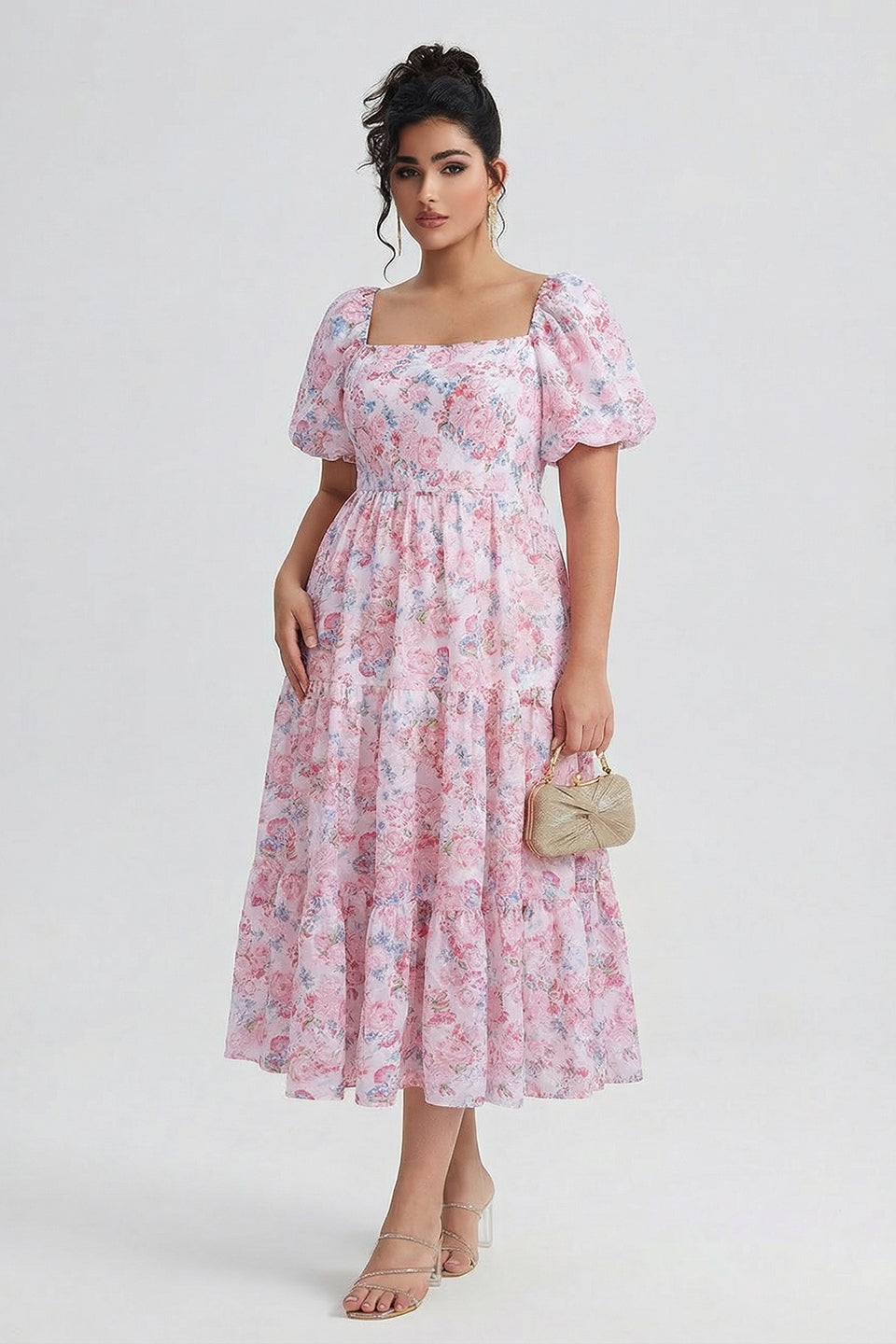 Curveins Plus Size Lantern Sleeves Square Neckline Floral Maxi Dress