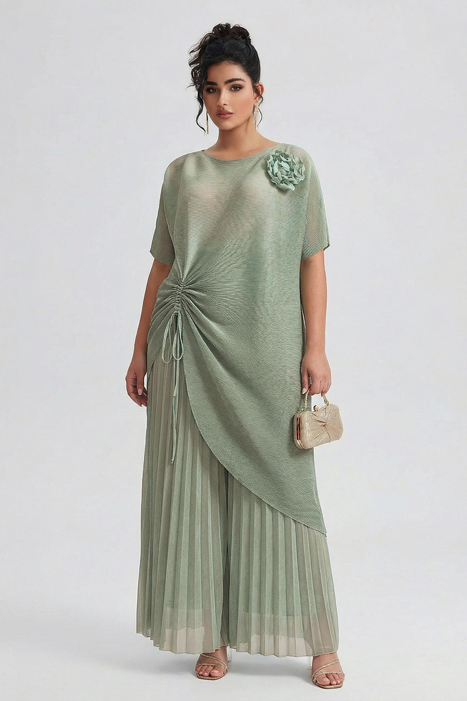 Curveins Plus Size Round Neck Short Sleeve Robe and Wide-Leg Pants Set