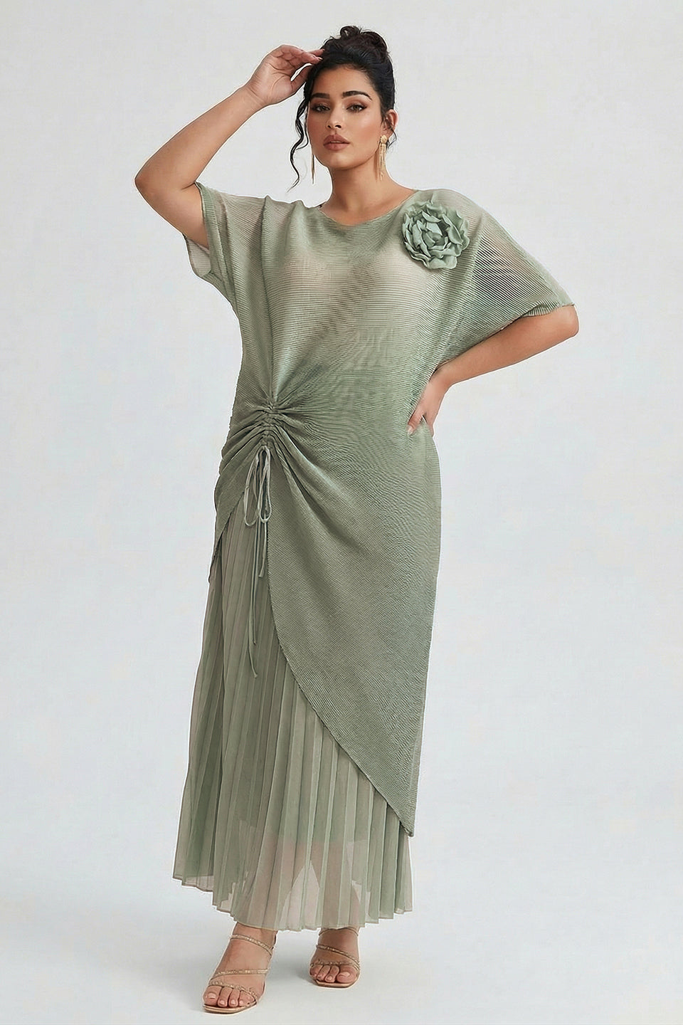 Curveins Plus Size Round Neck Short Sleeve Robe and Wide-Leg Pants Set