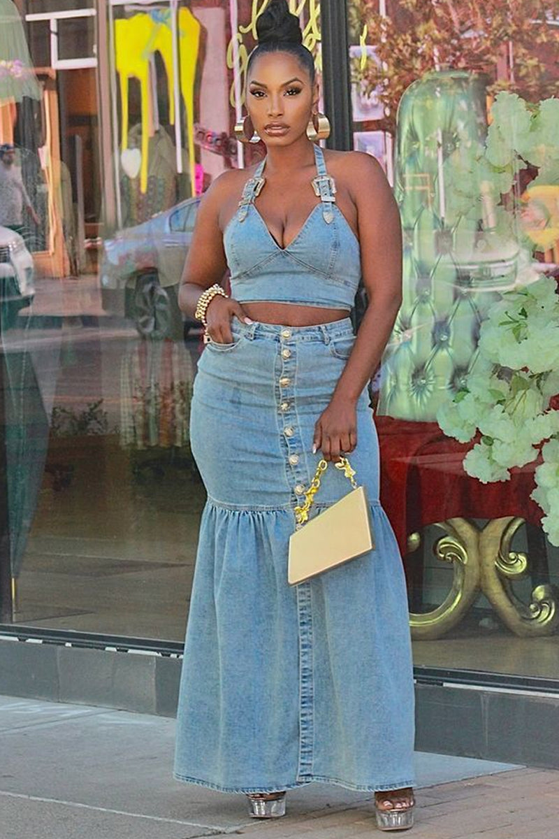 Hot Selling Women's Casual Denim Tops And Denim Long Dresses