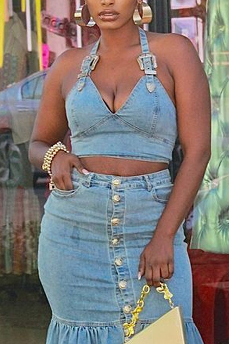 Hot Selling Women's Casual Denim Tops And Denim Long Dresses