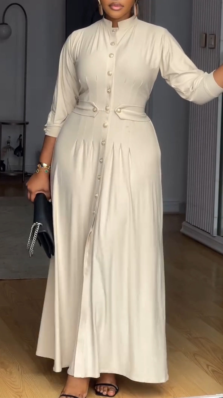 Women Round Neck Buckle Waist Cinching Elegant Casual Dress