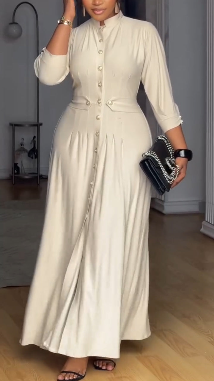 Women Round Neck Buckle Waist Cinching Elegant Casual Dress
