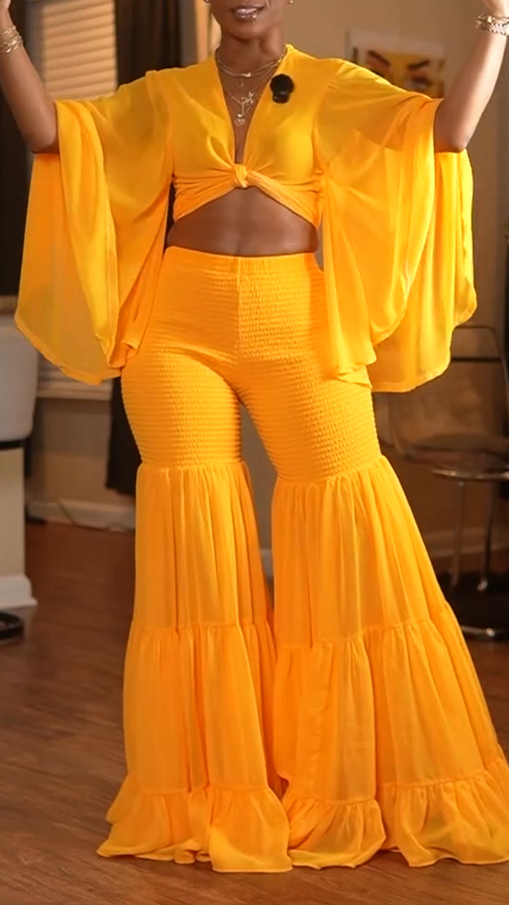 Women V-neck Flared Sleeve Top + Patchwork Wide Leg Pants Solid Color Vacation Casual Set