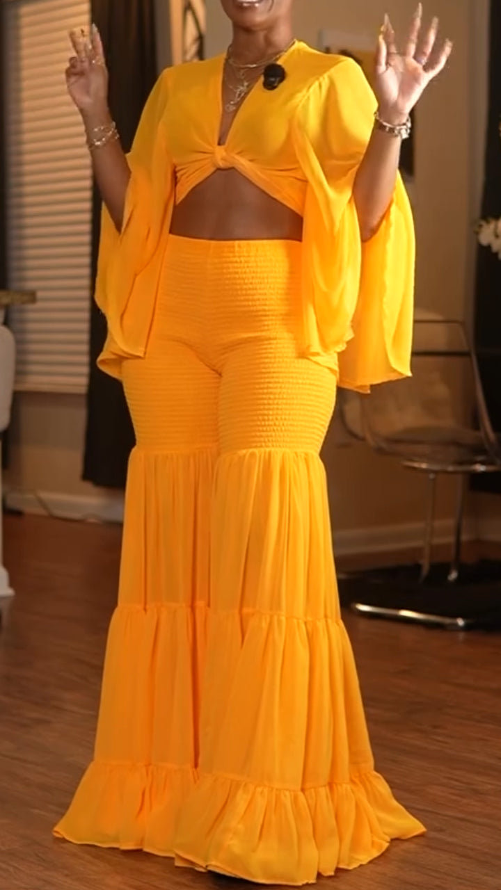 Women V-neck Flared Sleeve Top + Patchwork Wide Leg Pants Solid Color Vacation Casual Set
