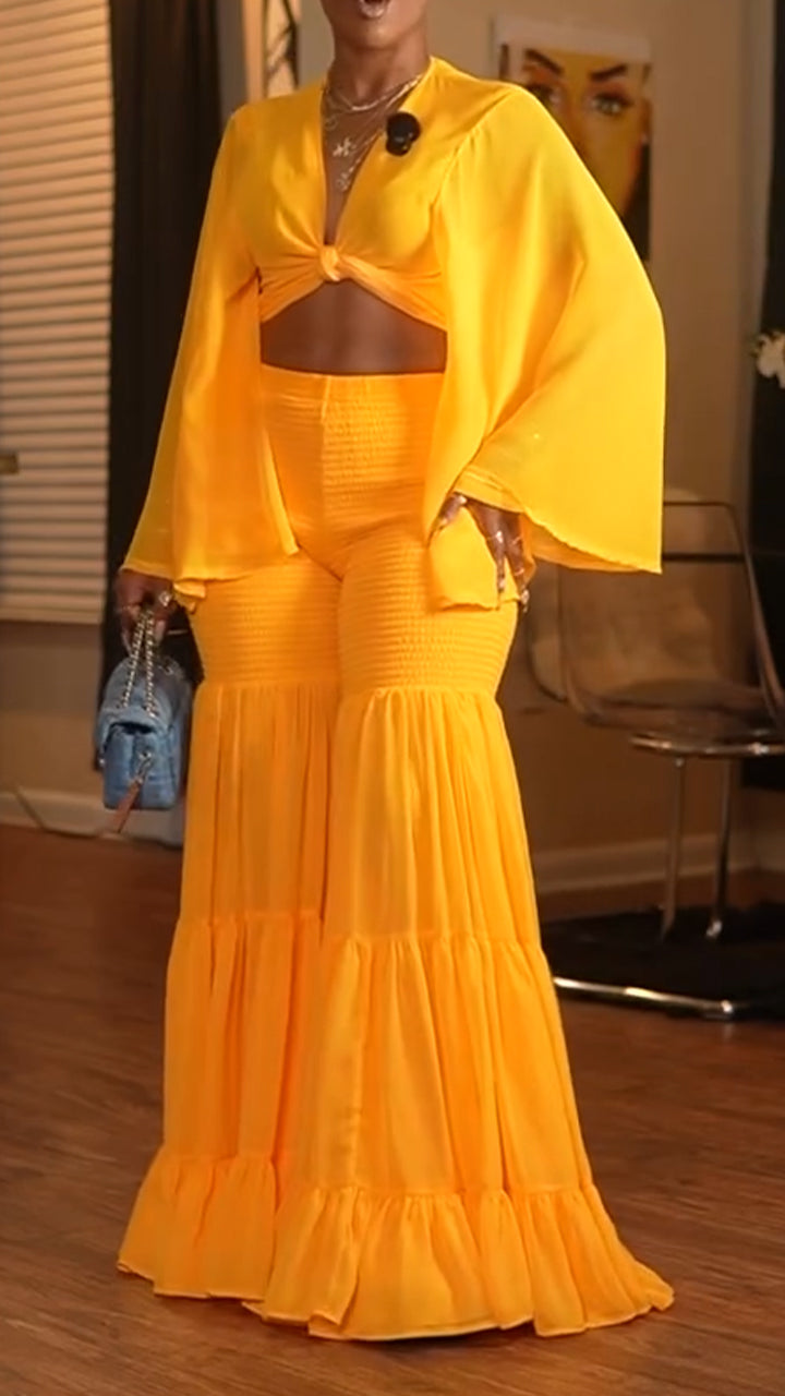 Women V-neck Flared Sleeve Top + Patchwork Wide Leg Pants Solid Color Vacation Casual Set