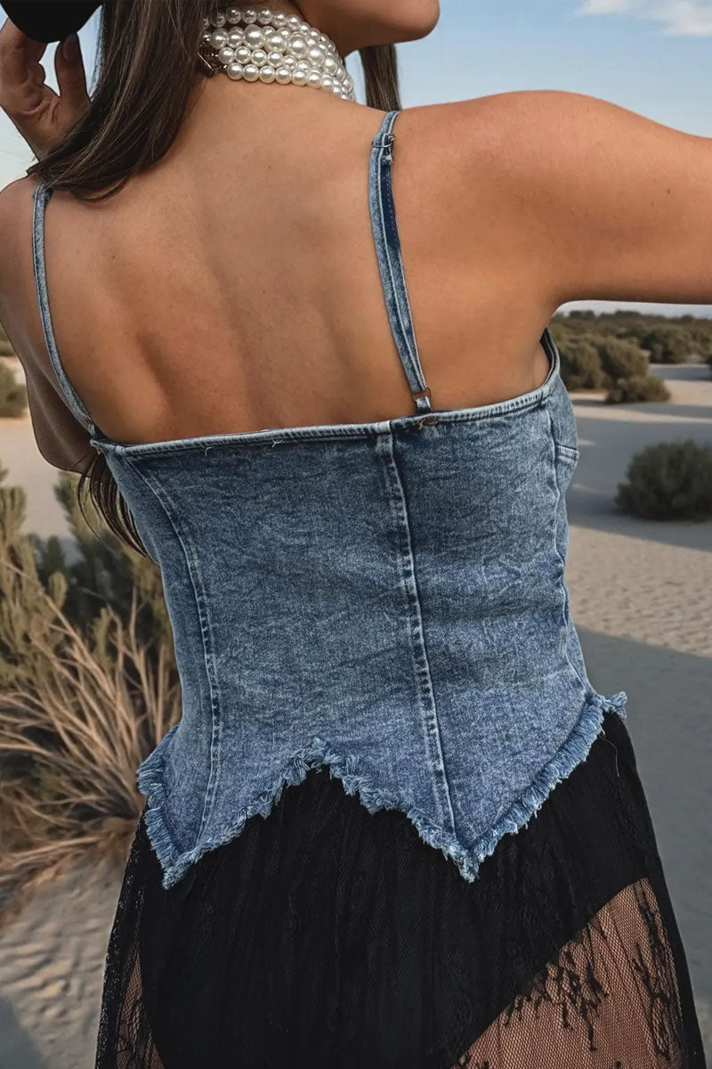 Women's Denim Corset Top And Lace High-Split Maxi Skirt Set
