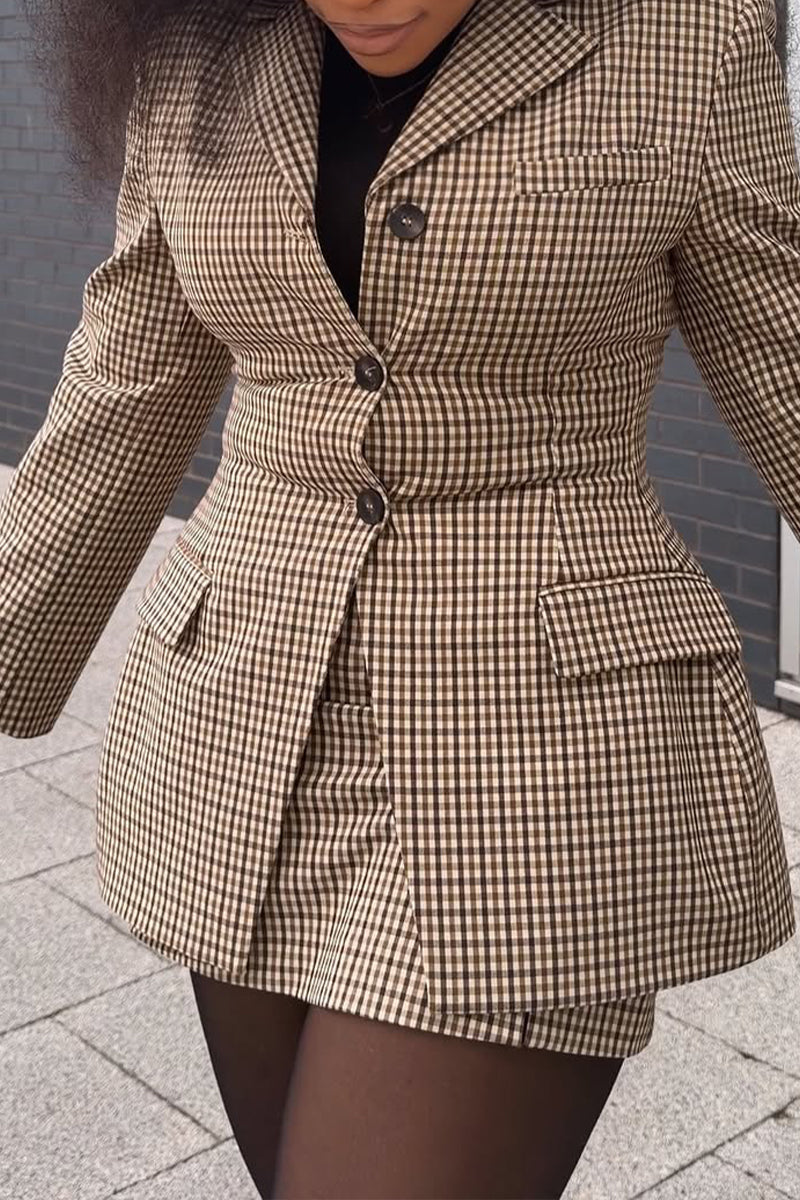 Women Collar Plaid Blazer + Half Skirt Temperament Commuting Formal Suit