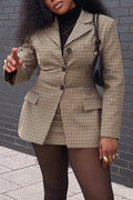 Women Collar Plaid Blazer + Half Skirt Temperament Commuting Formal Suit