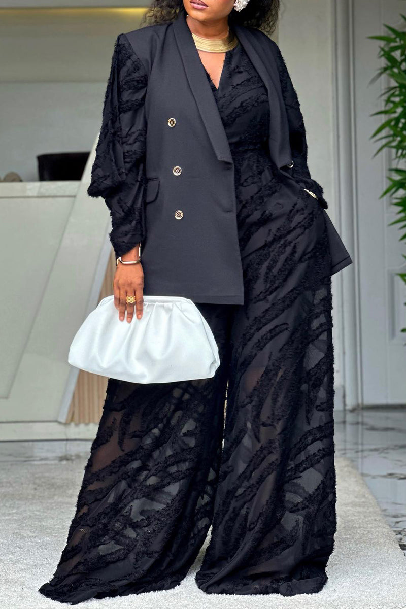 Women's Casual Double-Breasted Blazer Vest or Textured Jumpsuit