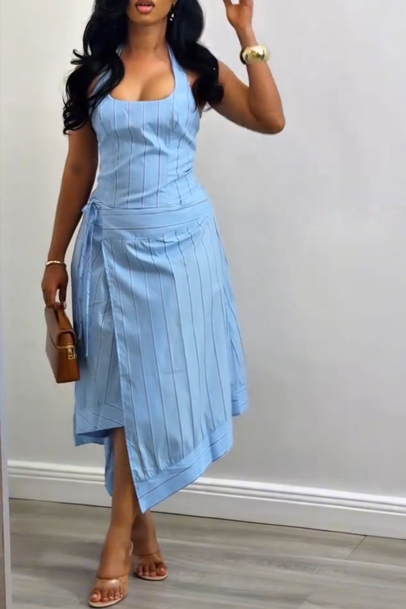 Women's Casual Stripe Asymmetric Skirt Set