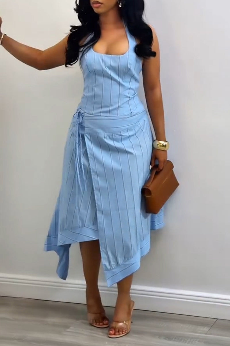 Women's Casual Stripe Asymmetric Skirt Set