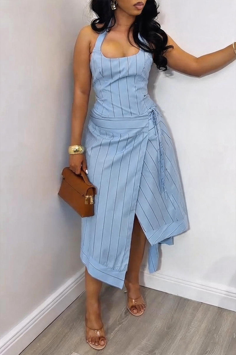 Women's Casual Stripe Asymmetric Skirt Set
