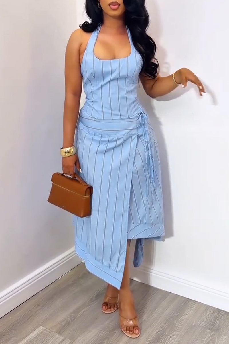 Women's Casual Stripe Asymmetric Skirt Set