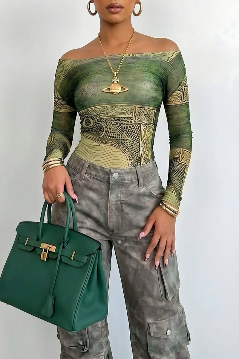 Women Casual One Collar Printed Top or Workwear Jeans