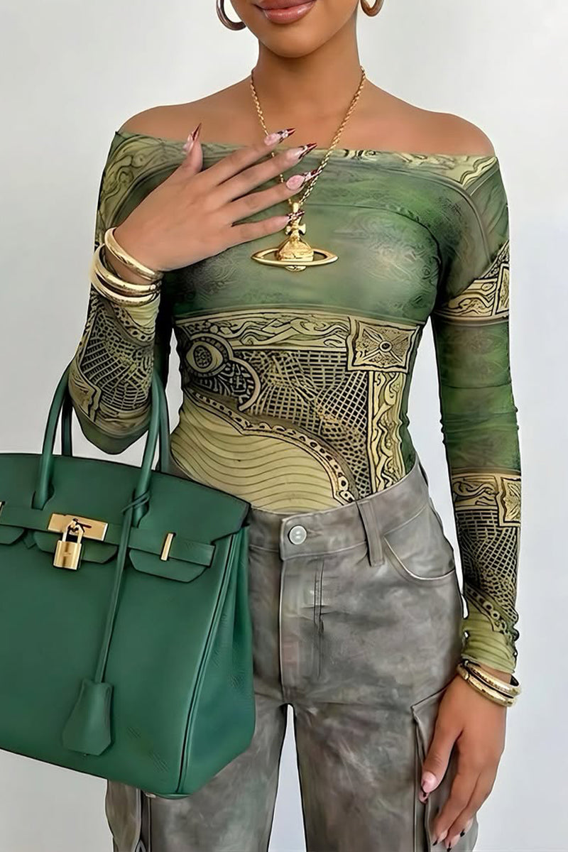 Women Casual One Collar Printed Top or Workwear Jeans