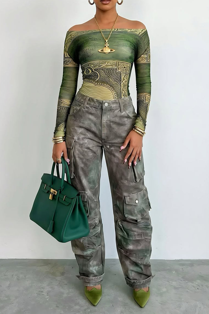 Women Casual One Collar Printed Top or Workwear Jeans