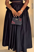 Women's lack Satin Puff Sleeve Keyhole Crop Top Or High Waist Tiered Ruffle Balloon Maxi Skirt