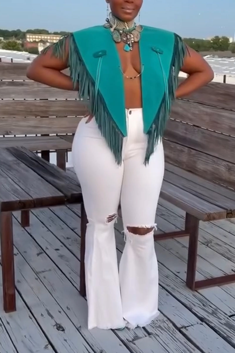 Women Sexy Temperament Spliced with Tassel Vest or Ripped Flared Jeans