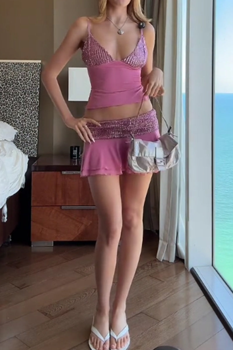 Women's Lace Up Open Back Camisole With Panel Detail Or Short Sequin Panel Party Skirt