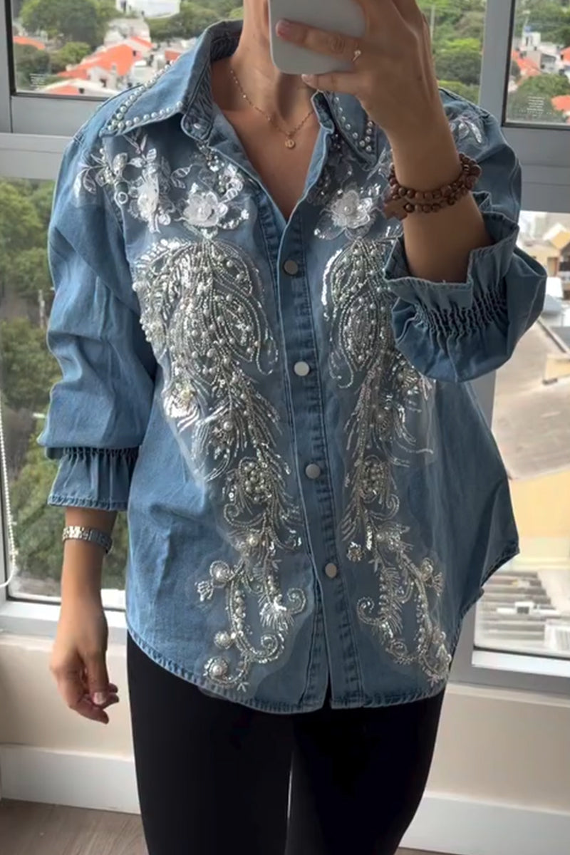 Womens Collar Heavy Embroidery Beaded Denim Shirt