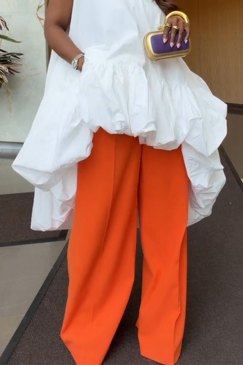 Women Round Neck Irregular Solid Color Top or Wide Leg Pants