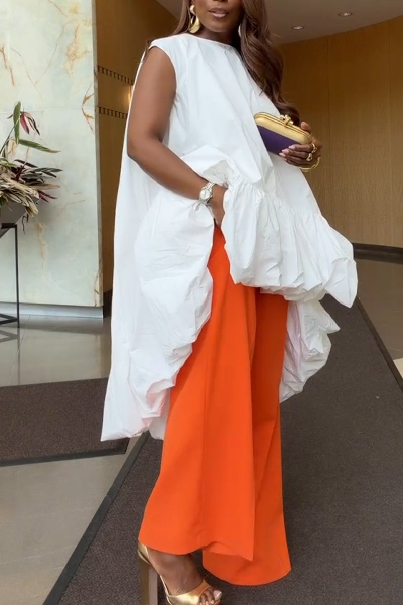 Women Round Neck Irregular Solid Color Top or Wide Leg Pants