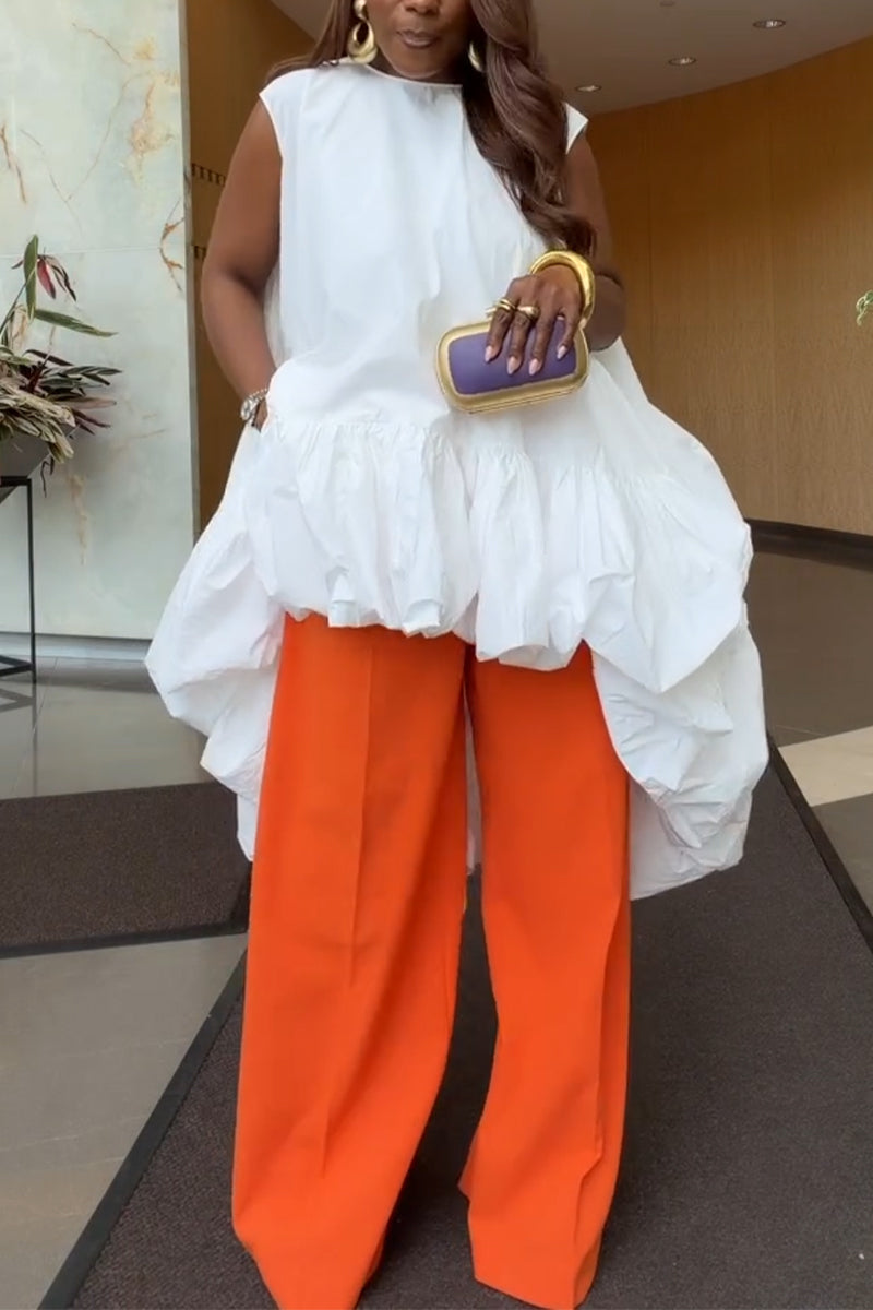 Women Round Neck Irregular Solid Color Top or Wide Leg Pants