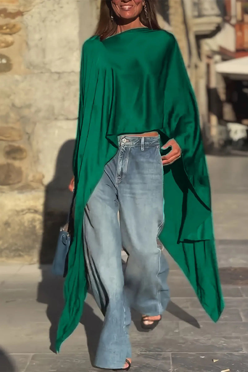 Women Round Neck Loose Irregular Satin Top
