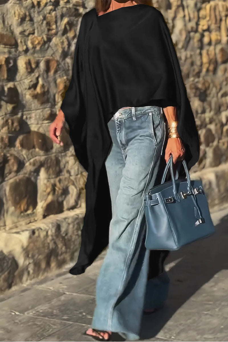 Women Round Neck Loose Irregular Satin Top