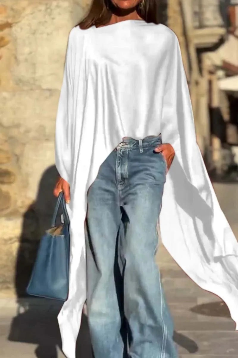 Women Round Neck Loose Irregular Satin Top