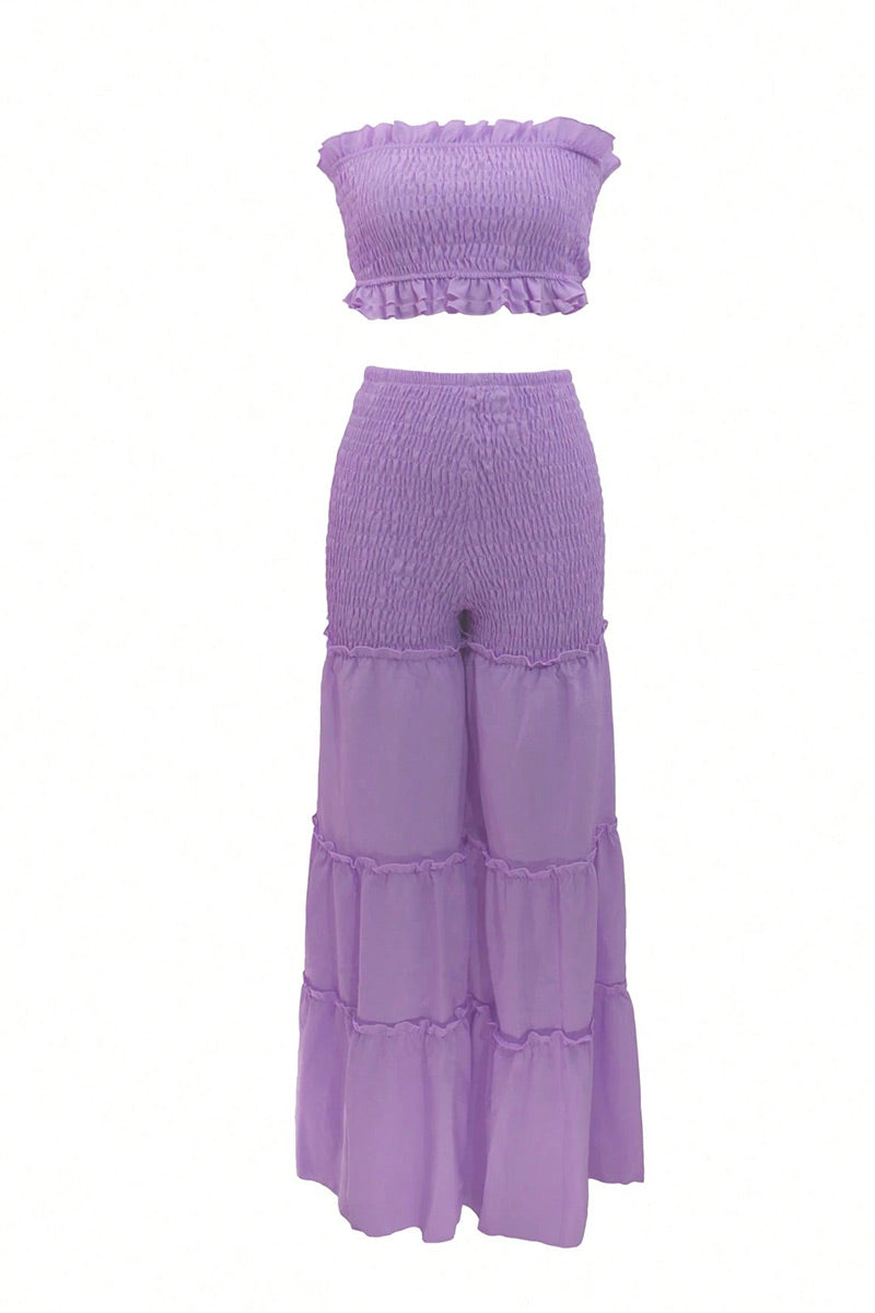 Women's Frill Edge Strapless Full Smocked Crop Tube Top Or High Waist Shirred Waist Tiered Ruffle Flowy Wide Leg Pants
