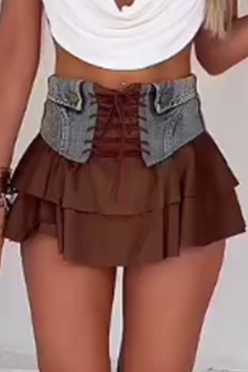 Women's Pleated Halter Neck Short Vacation Top Or Denim Patchwork Lace Up Mini Skirt