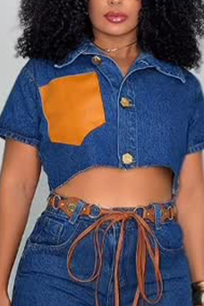 Women's Lapel Short Sleeve Contrast Orange Faux Leather Pocket Raw Edge Crop Denim Shirt Or High Waist Raw Cut Hem Denim Shorts With Vintage Metal Tassel Belt