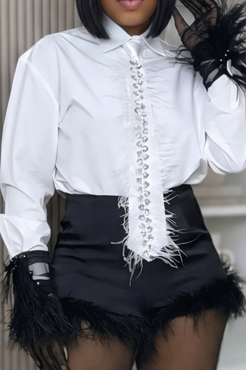 Women's TwoPiece Commuter Top With Rhinestone And Frayed Edges Or Bodycon Short Skirt With Frayed Hem