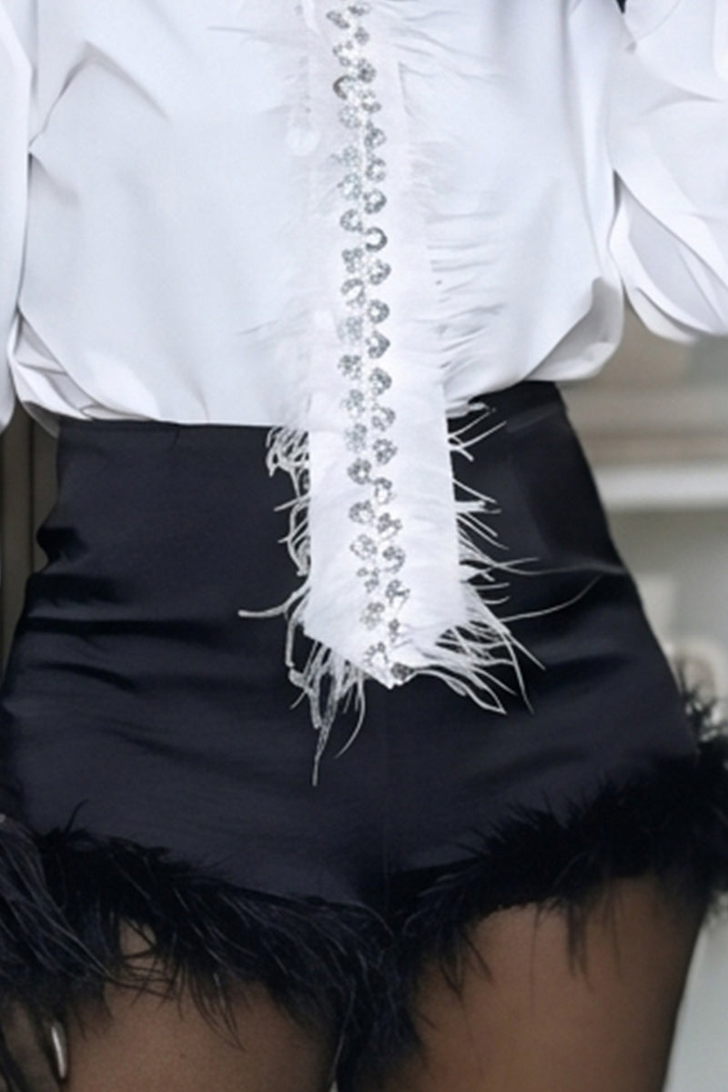 Women's TwoPiece Commuter Top With Rhinestone And Frayed Edges Or Bodycon Short Skirt With Frayed Hem